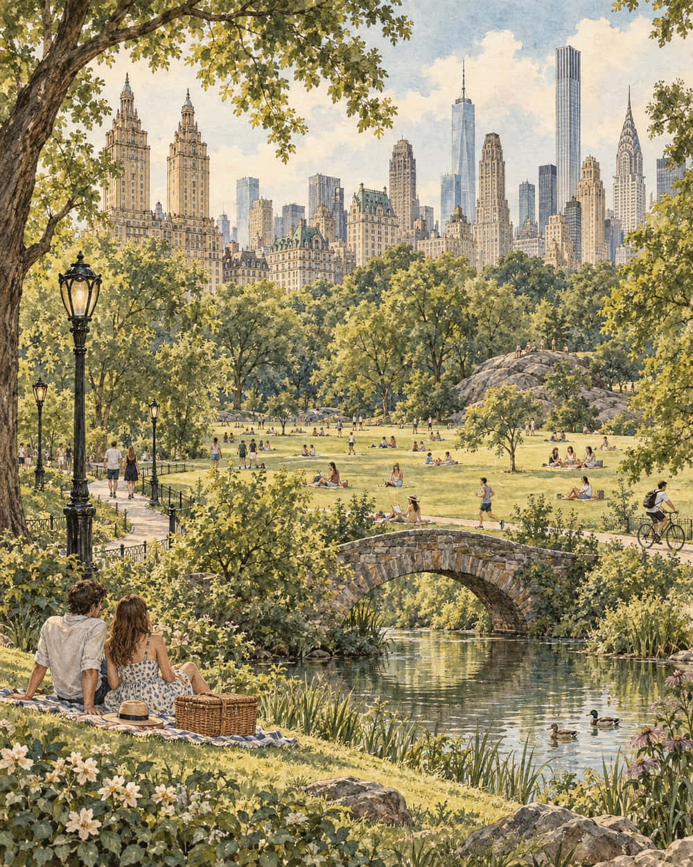 Re-run of the same Manhattan park watercolour prompt, labelled GPT Image 2.5 by the upstream project
