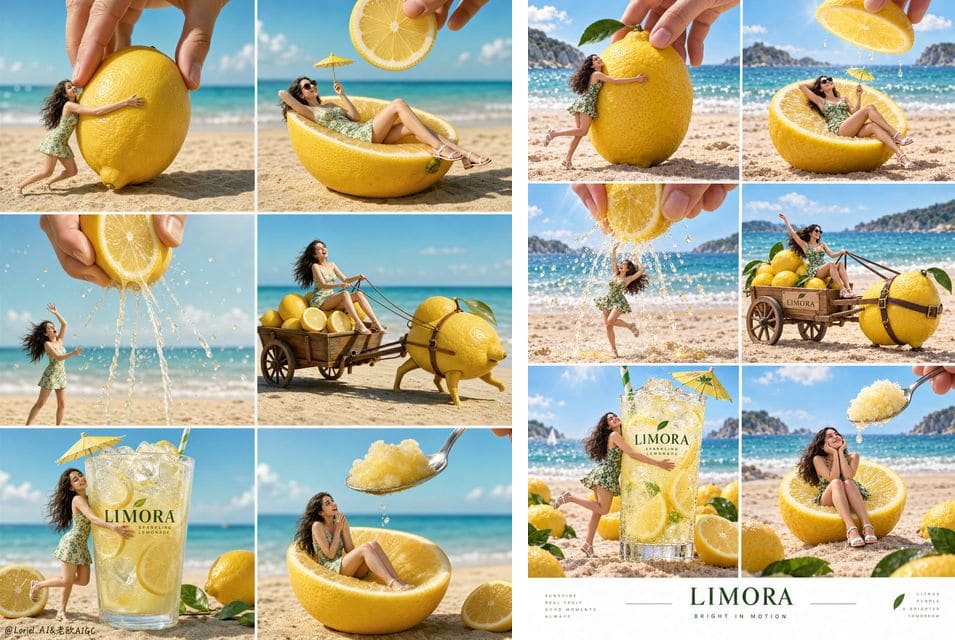 Side-by-side of the six-panel lemon campaign poster: the original GPT Image 2 gallery image on the left, the GPT Image 2.5 re-run of the identical prompt on the right
